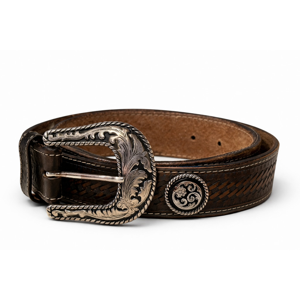 Justin Boots Dark Brown Braided Leather Western Belt with Engraved Silver Buckle